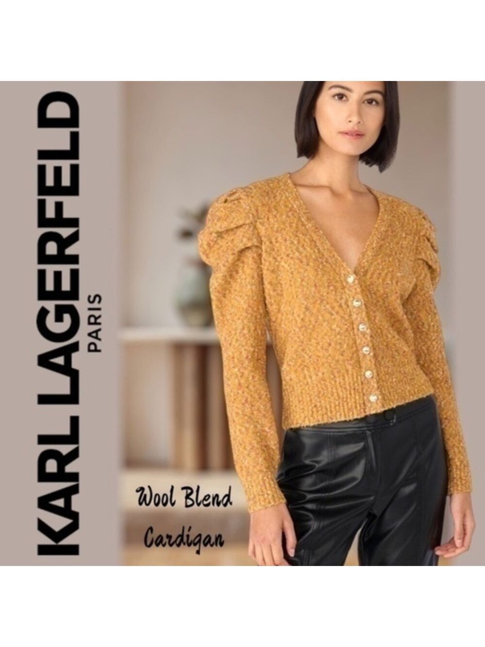KARL LAGERFELD Button Front Puff Shoulder Multi-Recycled-Thread Cardigan NWT/LG